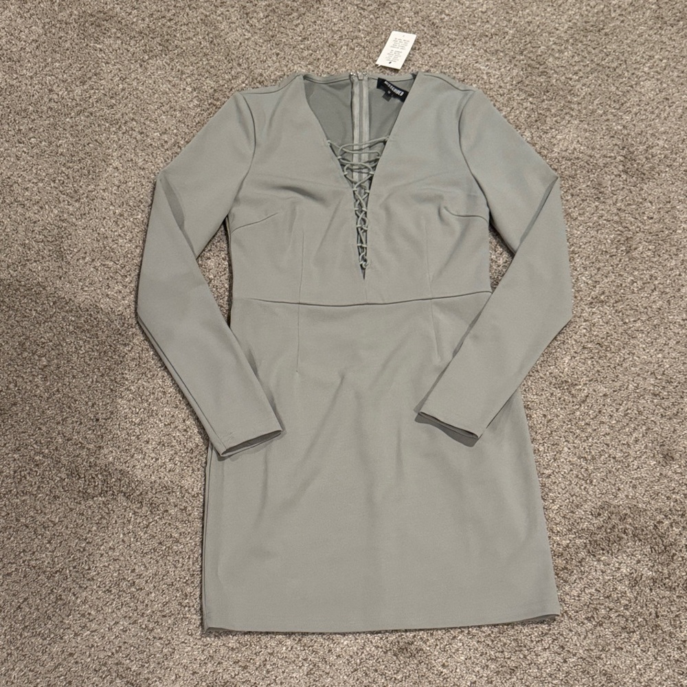 Gray Long Sleeve Lace-Up Dress
